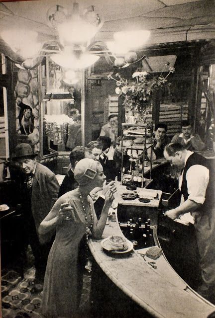 Vintage barroom scene at a zinc counter