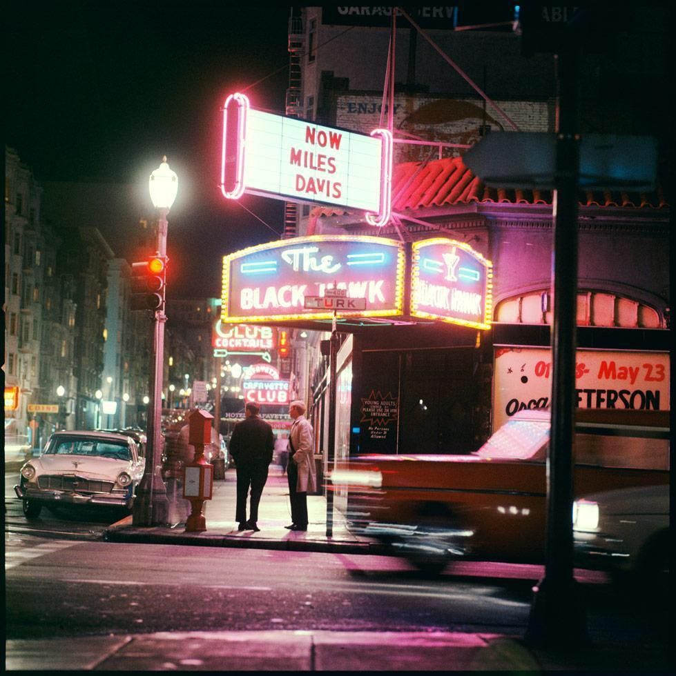 Neon marquee of a San Francisco jazz club at night